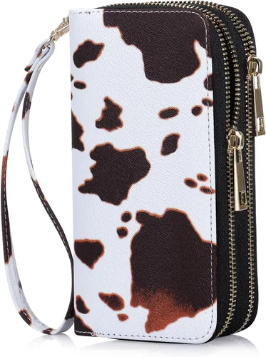 Vista 8 de Cartera de teléfono celular para mujeres con doble cremallera, billetera larga con correa de muñeca extraíble banana ( Banana Leaf )