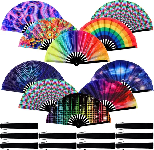 Pinkunn 10 abanicos plegables de mano grandes con varillas de bambú y funda, para festivales, manualidades, rave, arcoíris, para Drag Queen, baile,