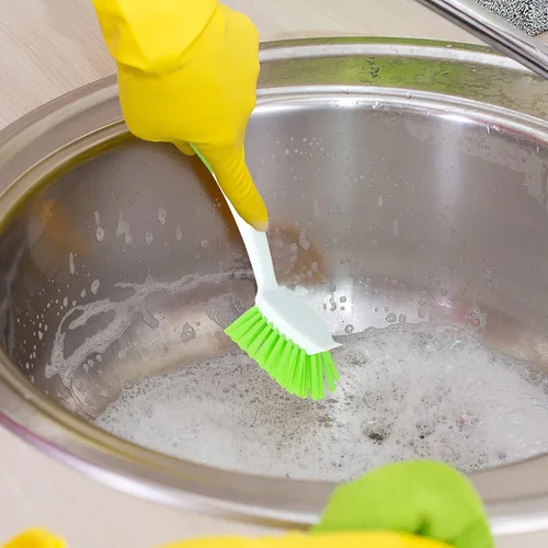 Vista 5 de PHYEX Paquete de 2 cepillos de cocina verde para limpiar platos, ollas, fregadero y baño con mango largo cómodo