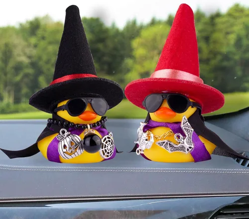 Vista 6 de Figura de pato de Halloween con mini sombrero de bruja, gafas de sol, collar para decoración de tablero de automóvil, V3-y2-b&red