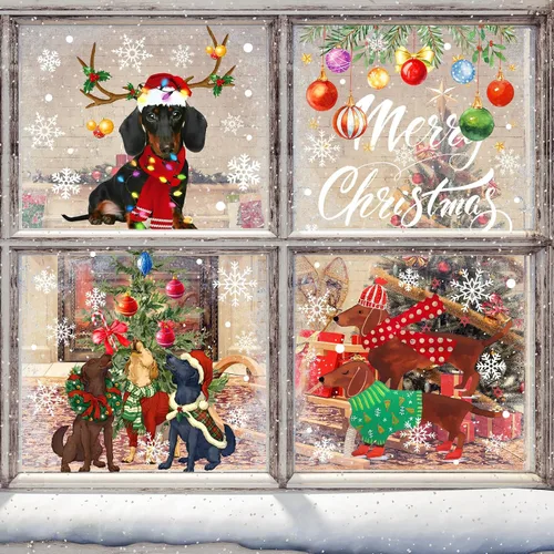 Vista 2 de AnyDesign - 76 calcomanías navideñas para ventana, perros, árboles, bolas de Navidad, calcomanías coloridas para decoración de espejos de cristal