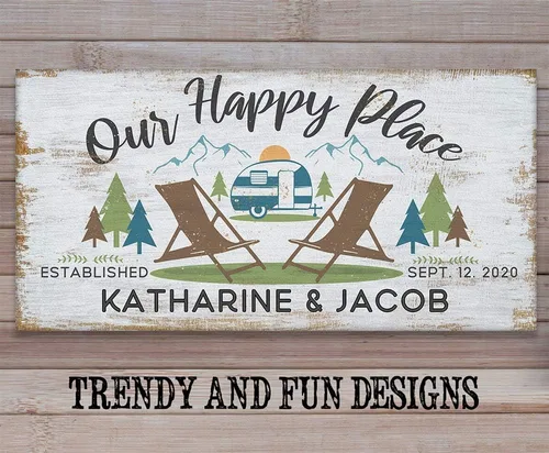 Vista 5 de Our Happy Place Camping Personalized Sign – Custom Name and Year Established, Happy Camper RV Outdoor Decor, Rustic Wood Style Wall Art for