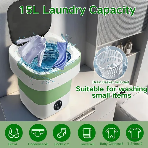 Vista 2 de Lavadora portátil, mini lavadora plegable de 15 litros con 3 modos de limpieza para ropa de bebé, ropa interior, pequeña lavandería plegable