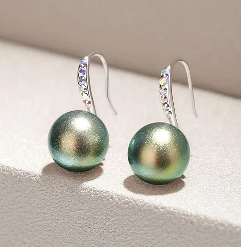 Vista 2 de Aretes colgantes hechos con perlas de cristal de Swarovski, regalos para mujer, multicolor, tono plateado Verde tornasol