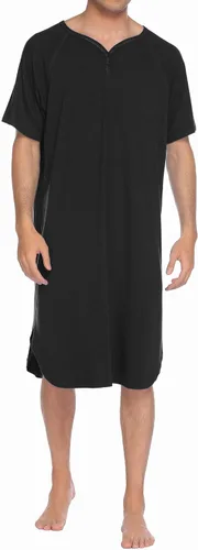 Ekouaer Ropa de Dormir Camisón de Hombre de Manga Corta Pijamas Cómodo Grande y Alto Camisa de Dormir Henley M-XXXL Negro