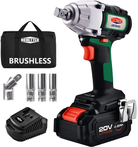 Dobetter Llave de impacto inalámbrica Pistola de impacto de 1/2 pulgada, llaves de impacto de energía eléctrica de 4.0 Ah, 20 V máx. 400 N• m