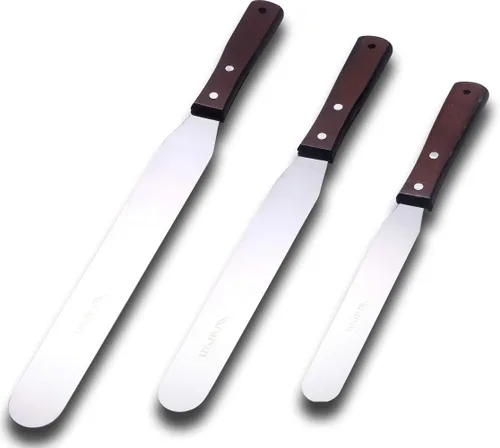 Vista 8 de Juego de 6 espátulas de glaseado en ángulo para decoración de tartas, mango de madera de 8 y 10 pulgadas, espátulas de glaseado de acero inoxidable
