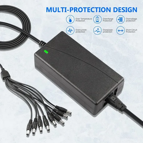 Vista 4 de Adaptador de corriente de cámara de seguridad 12V 5A 100V-240V AC a 12V DC LED Transformadores de potencia Cable divisor de potencia de 8 vías