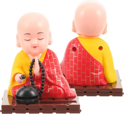 Vista 6 de Juego de 2 figuras de monje de cabeza agitada con energía solar, decoraciones de tablero de automóvil de Buda, estatuas compactas de 3.54 pulgadas