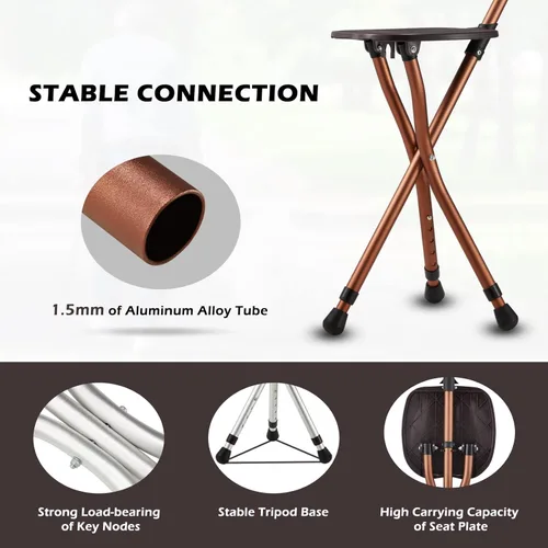 Vista 3 de Haddockway Bastón de caminar con asiento plegable, capacidad de 440 libras, silla de muleta portátil con luz LED, altura ajustable, taburete