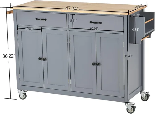 Vista 2 de LUMISOL Carrito de isla de cocina con ruedas de bloqueo con 2 cajones y 4 gabinetes, isla de cocina rodante con estantes ajustables, mesa de madera