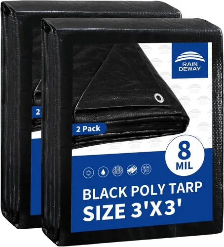 RAINDEWAY Lona pequeña negra de 3x3 pies (paquete de 2), resistente a los rayos UV, lonas polivalentes de resistencia media impermeables, lona para