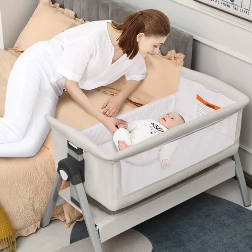 INFANS Cuna para bebé, cuna para recién nacido, con cesta de almacenamiento grande, altura ajustable, colchón desmontable y lavable, malla Crema