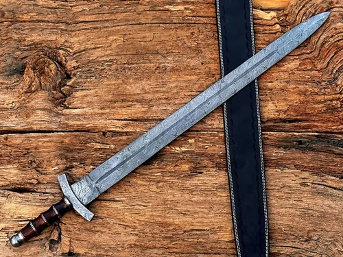 Vista 4 de Espada vikinga de acero de Damasco hecha a mano/espada medieval con funda de cuero.