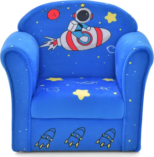 Vista 10 de INFANS Sofá para niños, sillón para niños pequeños con diseño de dibujos animados de construcción de madera resistente, sillón tapizado para niños