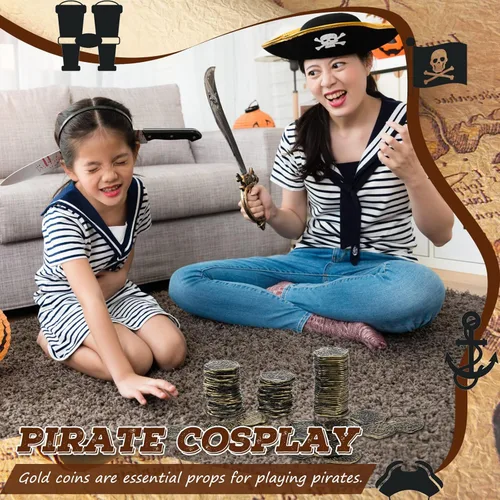Vista 4 de Hanaive 100 piezas de monedas piratas de plástico, monedas de juego falsas réplica de doblones españoles para cofre del tesoro de fiesta pirata