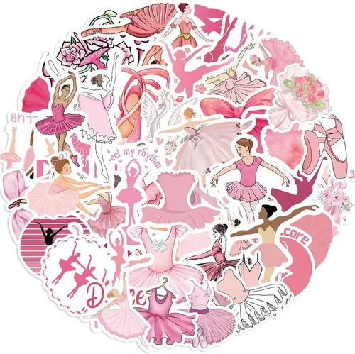 Vista 7 de Lindas calcomanías estéticas de ballet rosa para niñas y mujeres, 50 calcomanías impermeables de ballet para botellas de agua, laptop, álbum