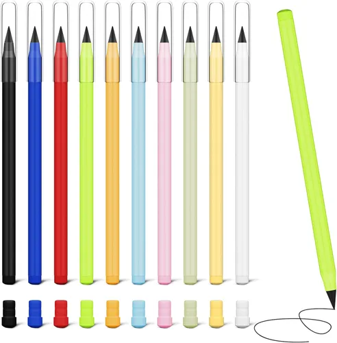 Vista 8 de Ainiv 10 lápices sin tinta, lápiz infinito eterno con borrador, lápiz infinito reutilizable con 20 borradores adicionales, lápices infinitos