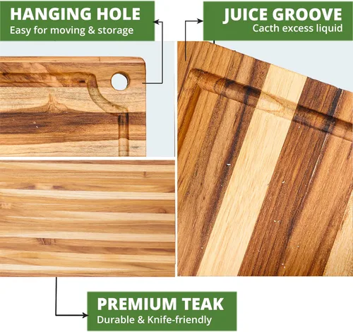 Vista 4 de BEEFURNI Tabla de cortar pequeña de teca con ranura para jugo y agujero para colgar (14 x 10 x 0.6 pulgadas), tablas de cortar de madera duraderas