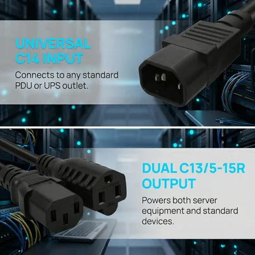 Vista 8 de IEC 320 C14 a C13+5-15R Y Split Cable adaptador de corriente corto IEC 320 C14 macho a C13/Nema 5-15R hembra Y Cable de alimentación dividido