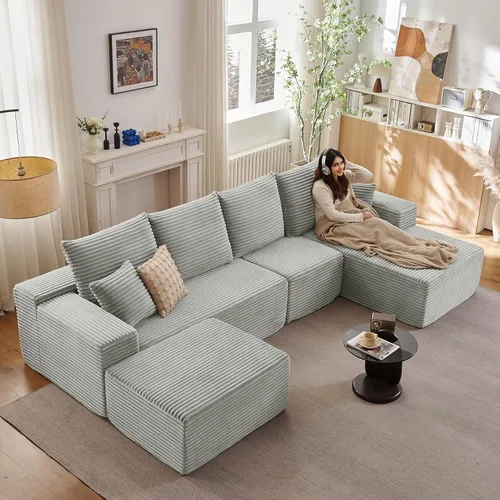 Vista 53 de Sofá modular Cloud de 95 pulgadas con otomana, moderno sofá nube en forma de U con asiento profundo, cómodo sofá de pana de 3 plazas, sofá de espuma