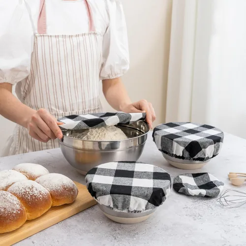 Vista 2 de Fundas elásticas reutilizables para tazones – Juego de fundas para tazones de 100 % tela de algodón para pan de masa madre y tazones para mezclar