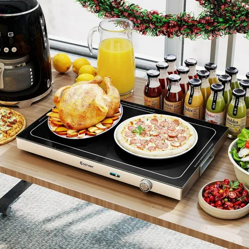 Vista 9 de COSTWAY Bandeja de calentamiento eléctrica con temperatura ajustable y asas integradas, calentador de alimentos con tapa de vidrio templado
