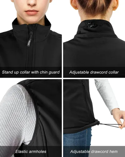 Vista 4 de Outdoor Ventures Chaleco ligero de Softshell para mujer, resistente al viento, con forro polar y cremallera, sin mangas, para correr, senderismo