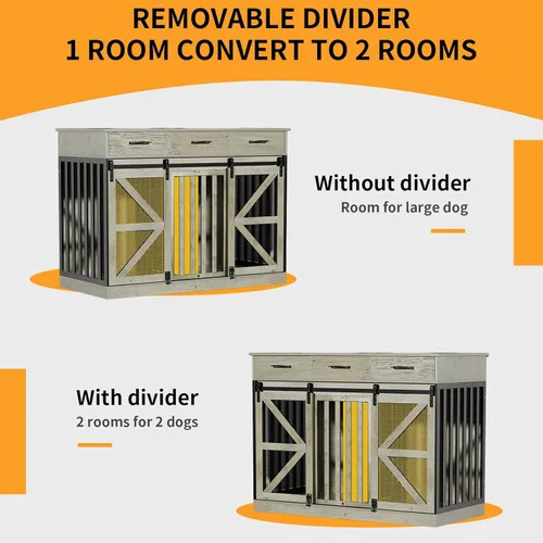 Vista 6 de kepptory Caja grande para perros de 48 pulgadas con muebles de 3 cajones de almacenamiento, perrera de madera con divisor extraíble, mesa auxiliar