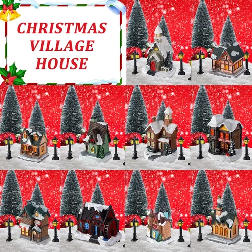 Vista 6 de Shappy 48 piezas de casas de pueblo de Navidad, accesorios de edificios de ciudad, 10 luces para casa de pueblo de Navidad, 12 mini árboles, 12