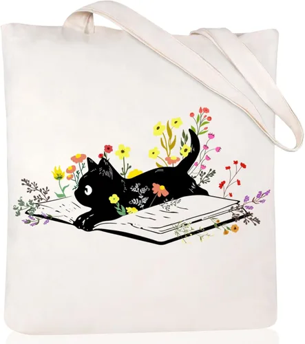 Vista 18 de Andeiltech - Bolsa de lona para mujer, con diseño de gato bonito y estética, bolsas reutilizables para compras y comestibles, con bolsillo