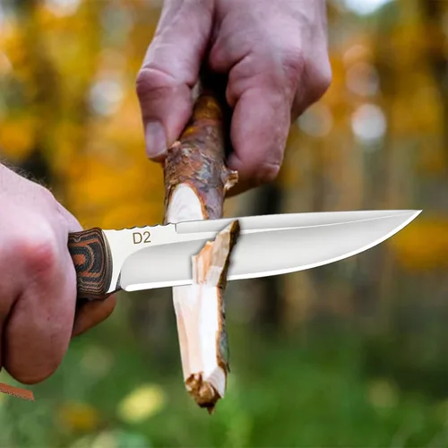 Vista 2 de AUBEY Cuchillo de caza de hoja fija de espiga completa con funda de cuero para hombres, hoja D2 cuchillo de supervivencia al aire libre, mango G10