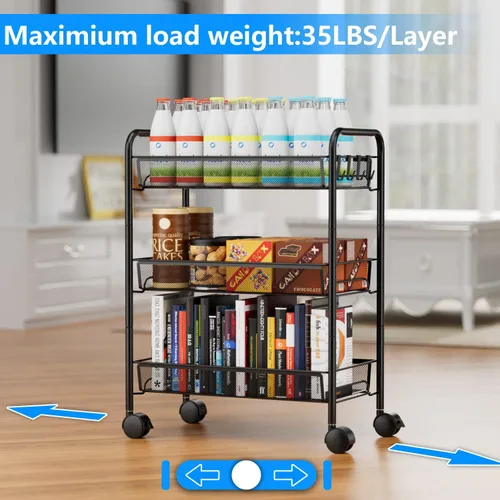 Vista 4 de OVICAR Mesh Wire 3 Tier Rolling Cart, Kitchen Storage Utility Cart, Multifunction Basket Stand for Bathroom, Full Metal Storage Art Trolley Carts