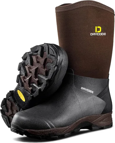DRYCODE Rubber Boots for Men, 5.5mm Neoprene Mid Calf Rain Boots, Durable Waterproof Hunting Boots(Brown & Camo, Size 6-14)