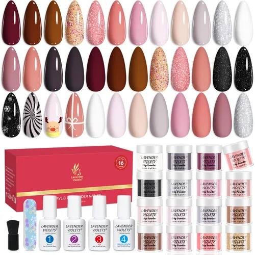 Vista 8 de Lavender Violets - Kit de uñas de 22 piezas para Halloween con 16 colores en polvo de inmersión: rojo, marrón, dorado, verde con líquido para uñas