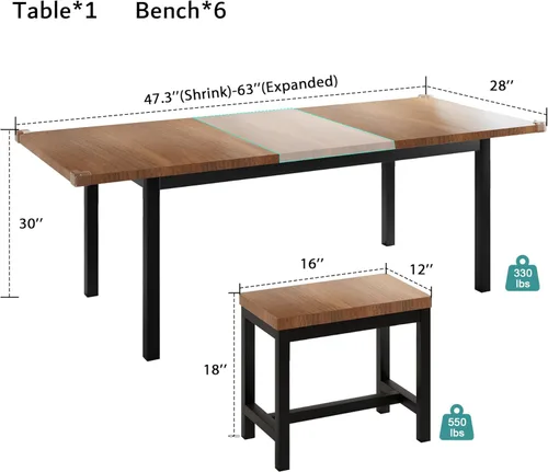 Vista 2 de iPormis Juego de mesa de comedor de 7 piezas con 6 taburetes, juego de mesa de cocina extensible de 63 pulgadas para 4-8 personas, mesa de comedor