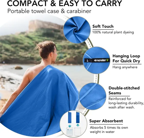 Vista 3 de 4Monster Toallas de camping súper absorbentes, toalla de viaje de microfibra de secado rápido, toalla ultra suave y compacta para gimnasio, nadar