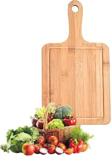 Vista 4 de Juego de tablas de cortar de bambú, 3 piezas, tablas de cortar carne, pala de pizza con mango para hornear pizza casera pan, pastel, frutas