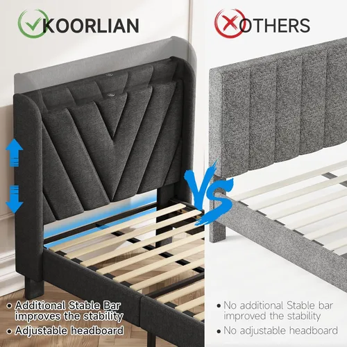 Vista 67 de koorlian Base de cama Queen con cabecero, base de cama tapizada ajustable con puertos tipo C y USB, cabecera de almacenamiento con respaldo de ala