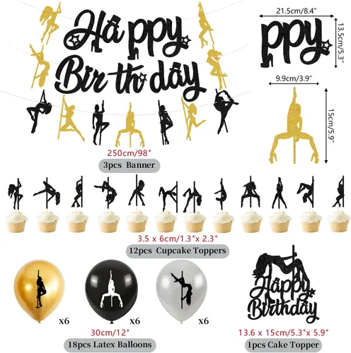 Vista 2 de Decoraciones de fiesta de cumpleaños de bailarina de poste de oro negro, pancarta de feliz cumpleaños para despedida de soltera, suministros