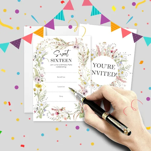 Vista 3 de AEHIE Tarjetas de invitación de flores silvestres para cumpleaños número 16 con sobres, 20 unidades, multicolor