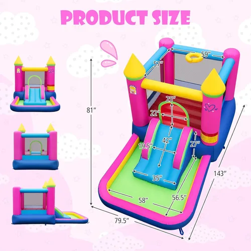 Vista 7 de HONEY JOY Casa inflable con tobogán y piscina, con temática de princesa para fiestas al aire libre e interior, casa hinchable para niños y niñas