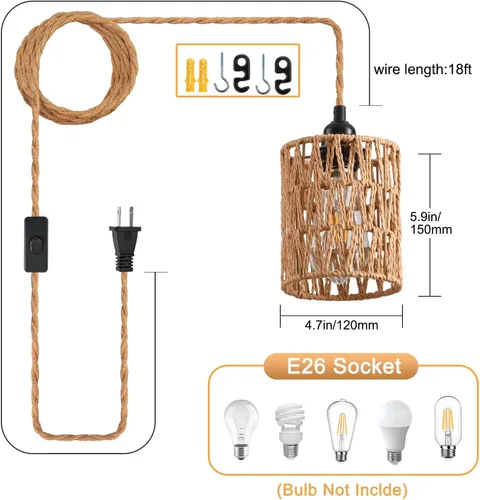 Vista 6 de Lámpara colgante enchufable, lámpara colgante industrial con cable de enchufe, cuerda de cáñamo, interruptor de encendido/apagado, lámpara colgante