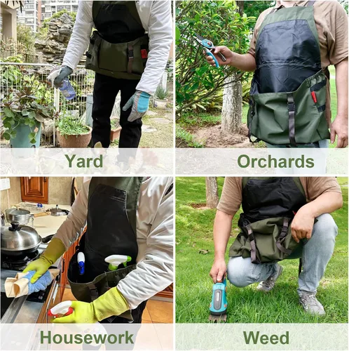 Vista 7 de Delantal de jardinería impermeable con espalda cruzada, delantal extra 600D resistente para cosecha y grandes bolsillos de liberación rápida Negro