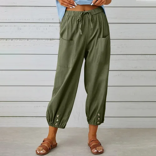 Vista 2 de Pantalones capripants sólidos con cordón de algodón y lino para mujer, pantalones capri de pierna recta con bolsillos