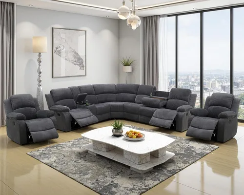 Vista 12 de Juego de sofá seccional reclinable manual, juegos de muebles de sala de estar de cuero regenerado en forma de L, sofá de esquina seccional