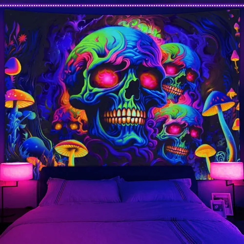 Xiaoput Tapiz de pared de esqueleto reactivo a los rayos UV con calavera para dormitorio, sala de estar, decoración de dormitorio, 40 x 30 pulgadas