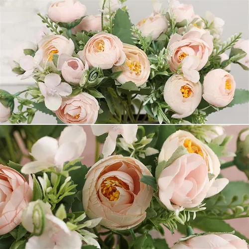Vista 9 de Flores artificiales, 1 ramo de 12 cabezas, peonía artificial, té de rosas, flores de seda de camelia para bricolaje, hogar, jardín, boda, arreglos