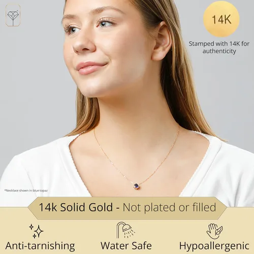 Vista 2 de MAX + STONE 14k White or Yellow Gold Round Pendant Necklace for Women with 7 mm Gemstone Birthstone on 18 Inch Cable Chain Spring Ring Clasp Bezel