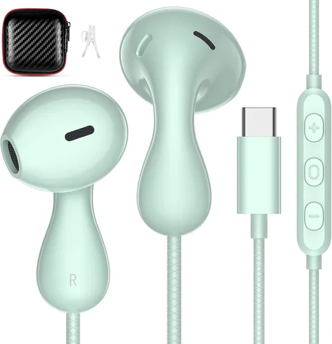 Auriculares USB C con cable con micrófono para Samsung S26 S25 S24 Ultra S23 FE, menta | Auriculares tipo C estéreo con cable para iPhone 17 Air 16